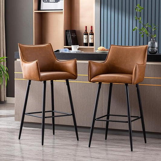 Brown Leather Bar Stools Set of 6, Mid Century Modern Upholstered Kitchen Chairs with Arms and Black Metal Legs 30” Height Stools with Back for Dining Room Home Pub Faux Leather in Brown