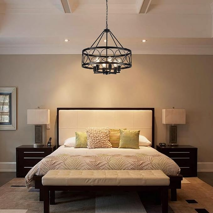 Black Farmhouse Chandelier, 6-Light Rustic Chandeliers for Dining Room Light Fixture, Drum Chandelier Round Pendant Light, Hanging Kitchen Island Lighting for Living Room, Entryway, Foyer