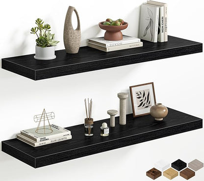 Fun Memories 40 Inch Floating Shelves, 12 Inch Deep Wall Shelves, 40 x 12 Floating Shelf Set of 2, Black Wood Floating Shelf Wall Mounted, Large Kitchen Living Room Bedroom Bathroom Storage Shelves