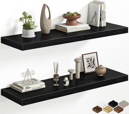 Fun Memories 40 Inch Floating Shelves, 12 Inch Deep Wall Shelves, 40 x 12 Floating Shelf Set of 2, Black Wood Floating Shelf Wall Mounted, Large Kitchen Living Room Bedroom Bathroom Storage Shelves