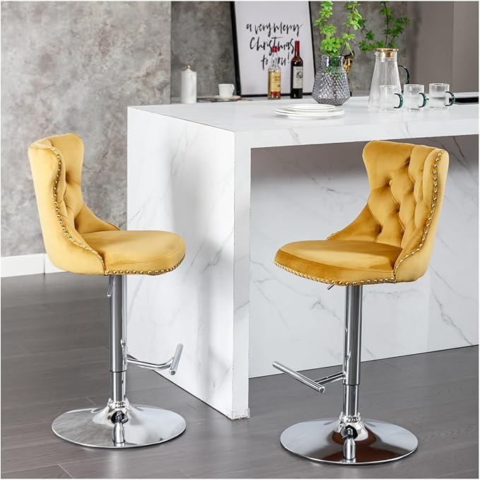 Swivel Velvet Barstools Adjusatble Seat Height from 25-33 Inch, Modern Upholstered Chrome Base Bar Stools with Backs Comfortable Tufted for Home Pub and Kitchen Island（Gold,Set of 2）