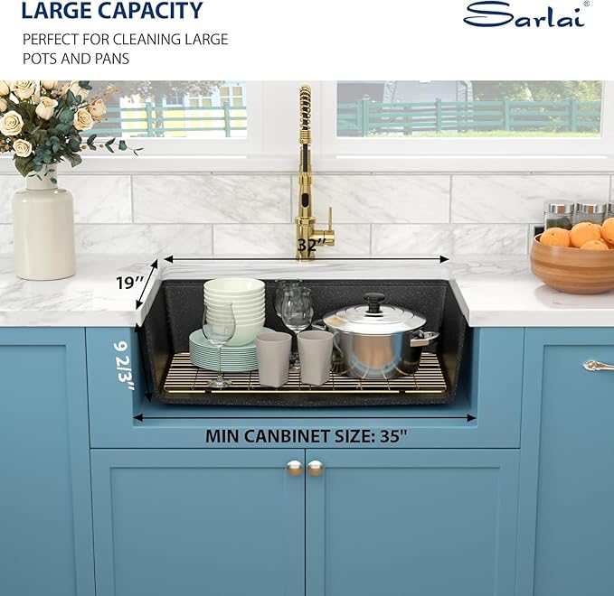 Sarlai 32 Granite Composite Kitchen Sink - 32"x19" Black Undermount Kitchen Sink Ledge Workstation Matte Black Granite Quartz Composite Under-Mount Single Bowl Sinks Basin with Gold Accessories