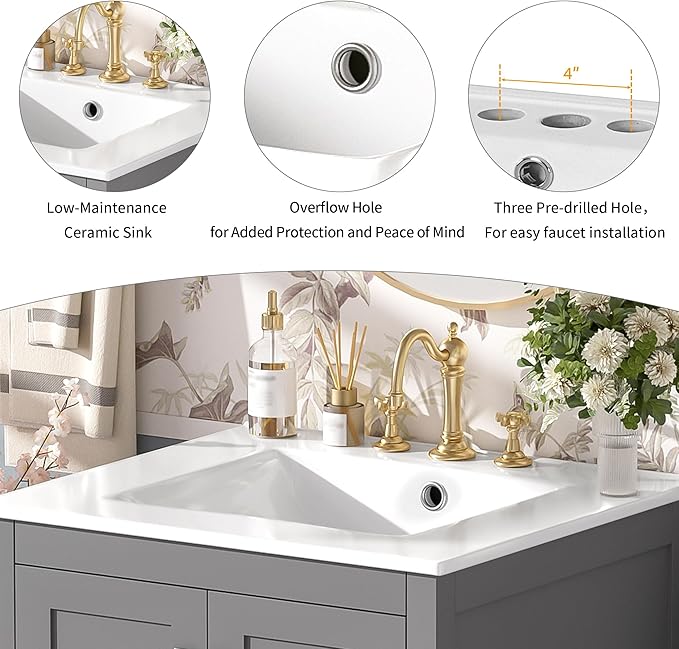 Favfurish 24" Modern Bathroom Vanity with Ceramic Sink, Freestanding Storage Cabinet w/2 Soft-Close Doors & 1 Drawer, Double-Layer Door Shelf, Solid Wood Frame for Small Bathrooms, Easy Assembly,Grey