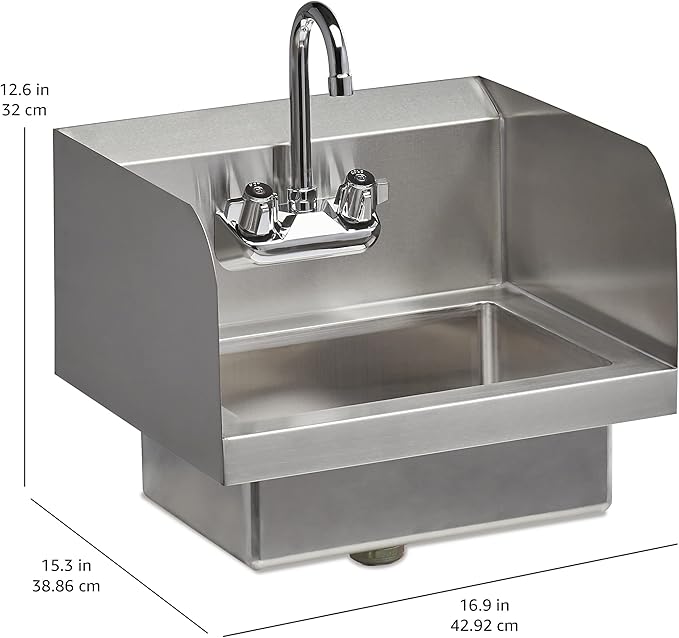 Rockpoint 304 Stainless Steel Handmake Sink for Washing with Faucet and Side Splash, Commercial Wall Mount Hand Basin for Restaurant, Kitchen and Home, 17 x 15 Inches, Silver
