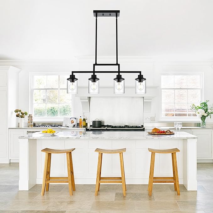 4-Light Dining Room Light Fixture, Linear Kitchen Island Lighting Black Chandelier Farmhouse Pendant Lighting for Kitchen Island Dining Table Living Room, Height Adjustable
