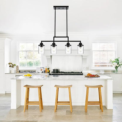 4-Light Dining Room Light Fixture, Linear Kitchen Island Lighting Black Chandelier Farmhouse Pendant Lighting for Kitchen Island Dining Table Living Room, Height Adjustable