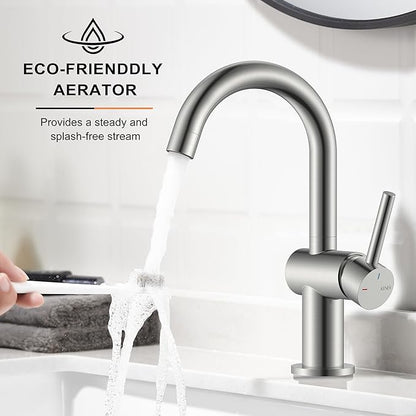 KENES Brushed Nickel Bathroom Faucet Single Handle Modern Prep Wet Bar Sink Faucet Bathroom Sink Faucets with Drain Assembly & Deck Plate, Farmhouse RV Camper Outdoor Utility Faucet, KE-9005B
