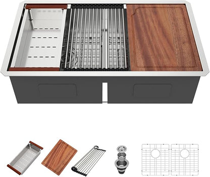 33 Undermount Kitchen Sink - 33x19 Double Bowl Kitchen Sinks Workstation 16 Gauge Stainless Steel Sink Low Divide Double Basin 50/50