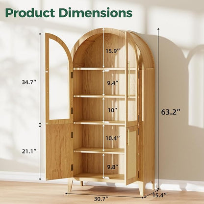 63" Arched Storage Cabinet, 5-Tier Modern Arched Cabinet with Glass Doors, Tall Arched Cabinet Adjustable for Living Room, Dining Room Office,Oak
