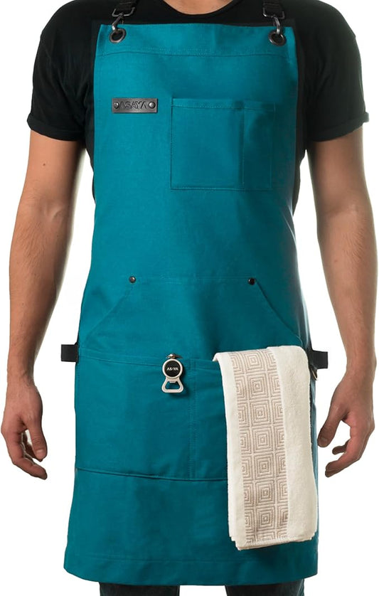 Asaya Chef and BBQ Apron with Bottle Opener and Hand Towel - 10oz Cotton Canvas, Stainless Steel Hardware - Cross Back Straps