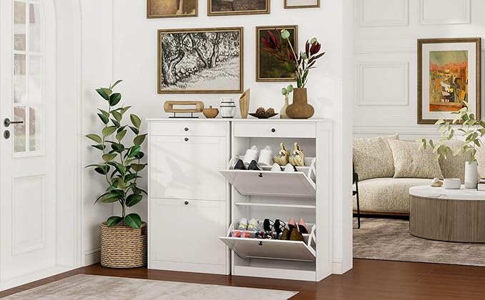 FTZxHKLX Shoe Cabinet with 2 Flip Drawers Set of 2, Small Wood Modern Shoe Organizer with Adjustable Shelf, Narrow Freestanding Hidden Shoe Cabinet Storage for Entryway, Hallway, Living Room, White