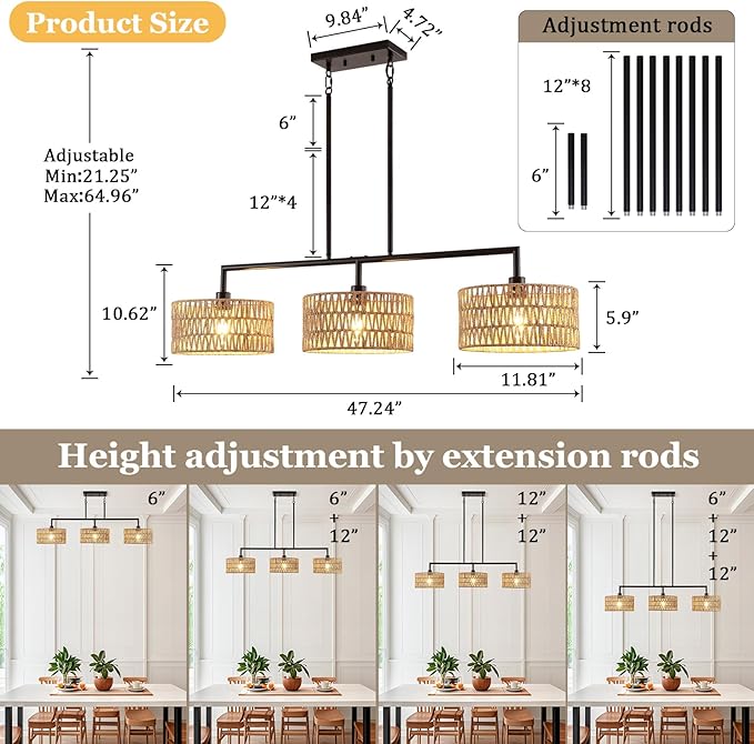 47" Hand Woven Rattan Chandeliers for Dining Room, 3-light Boho Linear Chandeliers Large Farmhouse Kitchen Island Lighting, Black Finish Pendant Light Fixtures Over Table, Bar, Living Room,E26