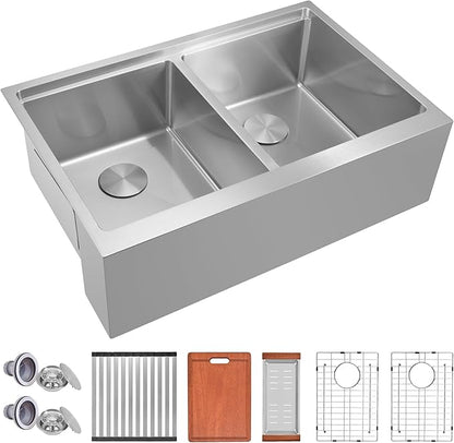 Kitsitchen Stainless Steel Farmhouse Sink 28 Inch, 16-Gauge Stainless Steel 50/50 Double Bowl Workstation Sinks with Abundant Accessories, 10" Deep and Large Undermount Kitchen Sink