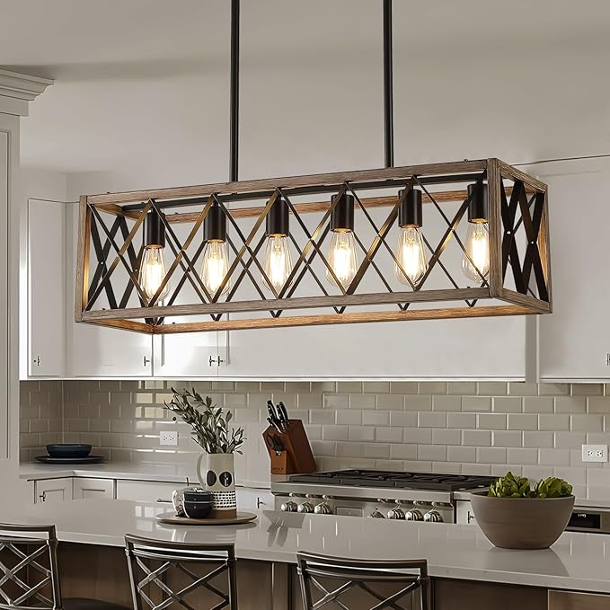 Farmhouse Dining Room Light Fixtures,Rustic Vintage Antique Linear Chandeliers for Dining Room,Kitchen Island,Bar,Office Coffee Shop,Oak White and black Adjustable Hanging Pendant Light 6-Lights