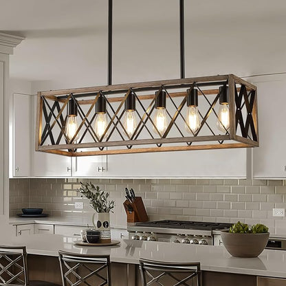 Farmhouse Dining Room Light Fixtures,Rustic Vintage Antique Linear Chandeliers for Dining Room,Kitchen Island,Bar,Office Coffee Shop,Oak White and black Adjustable Hanging Pendant Light 6-Lights