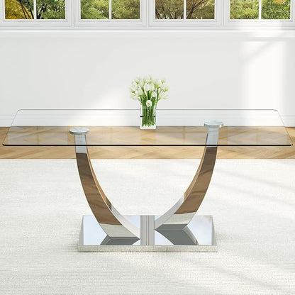 71” Glass Dining Table for 6-8, Modern Dining Room Table with 0.4” Thick Tempered Glass Top, Sturdy Silver Kitchen Table with Metal U-Shaped Legs for Kitchen Dining Room