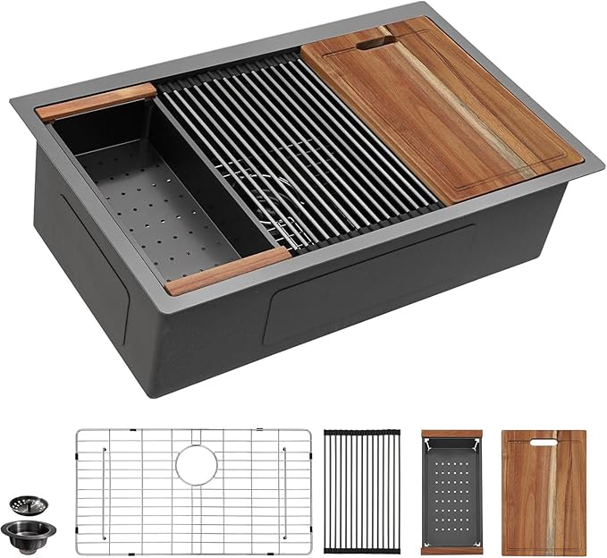 30 Undermount Kitchen Sink Black - Fulorni 30"x19" Kitchen Sink Ledge Workstation Gunmetal Black NANO-PVD 16 Gauge 304 Stainless Steel Under Counter Single Bowl Basin