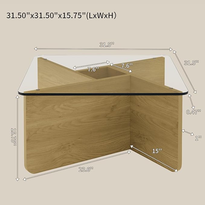31.5" Square Glass Coffee Table, Mid-Century Modern Coffee Table with Tempered Glass Top and MDF Frame, Center Table for Small Spaces, Living Room, Office, Apartment, Wood