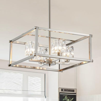 4-Light Farmhouse Chandelier for Dining Room, Modern Brushed Nickel Light Fixture,Pendant Light for Kitchen, Living Room, Hallway, Bedroom, Foyer, Stylish Home Décor