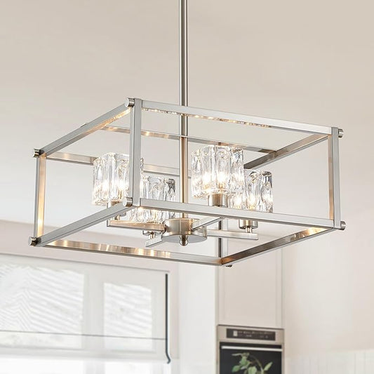 4-Light Farmhouse Chandelier for Dining Room, Modern Brushed Nickel Light Fixture,Pendant Light for Kitchen, Living Room, Hallway, Bedroom, Foyer, Stylish Home Décor