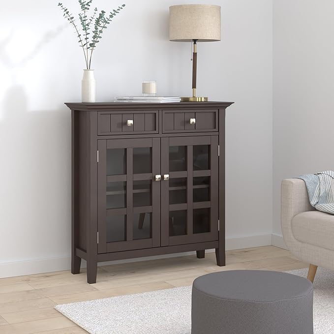 SIMPLIHOME Acadian Storage Cabinet - 36 inch Wide Solid Wood Entryway Storage Cabinet in Natural Aged Brown, Transitional Cabinet for Hallway or Living Room with 2 Drawers and Adjustable Shelves