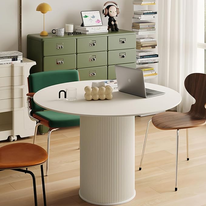 MIXL- Farmhouse White Dining Table, Large Round Kitchen Tables with Metal Base, White Dinner Table, Space Saving Dining Tables for Home, Kitchen, Dining Room and Restaurant