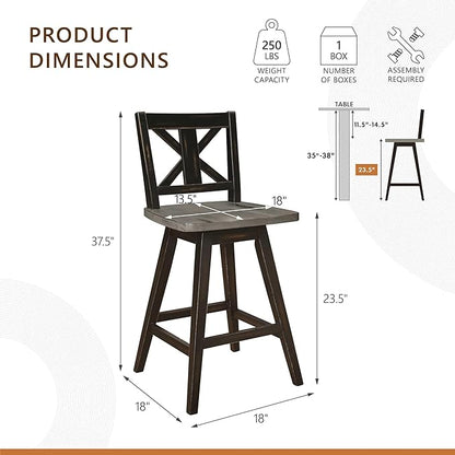 Lexicon Counter Height Stools Set of 2-Solid Wood Frame 360° Swivel Wooden Stools, Foot Rest, X Back, Wide Seat, Distressed Farmhouse Easy to Clean Finish, 24" SH, Antique Black/Grey