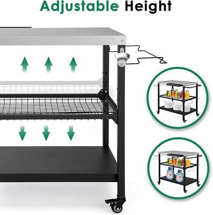 Outdoor Grill Cart,36 Inch Stainless Steel Pizza Oven Table with Lockable Wheels, Hooks & Adjustable Mesh, Metal Kitchen Cart Island, Black(36.2'' D x 19.6''W x 31.4''H)