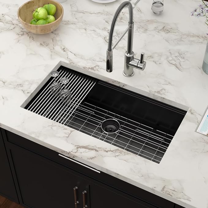 33 Inch Black Undermount Kitchen Sink Workstation- Couoko Matte Black 16 Gauge T304 Stainless Steel Single Bowl Undermount Sinks NANO PVD Large Deep Handmade Round Corner Sinks Basin, 33"x19"x9"