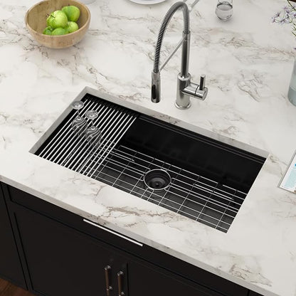 33 Inch Black Undermount Kitchen Sink Workstation- Couoko Matte Black 16 Gauge T304 Stainless Steel Single Bowl Undermount Sinks NANO PVD Large Deep Handmade Round Corner Sinks Basin, 33"x19"x9"