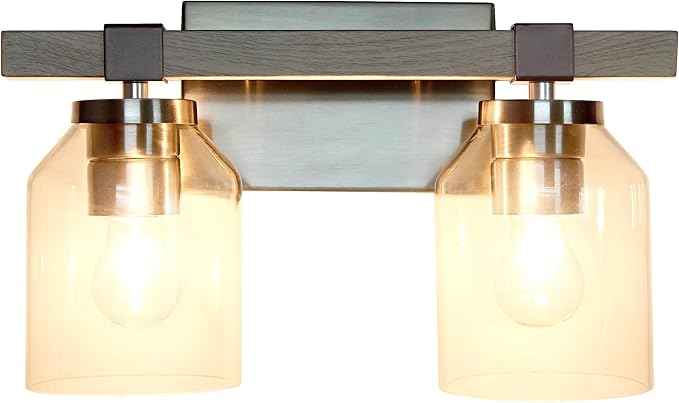 Elegant Designs VT1019-GRY 14" Country Farmhouse Gray and Brushed Nickel Decorative 2 Light Wall Mounted Metal Vanity Fixture with Clear Glass Shades