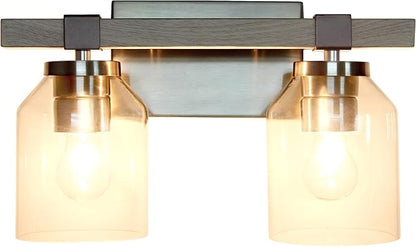 Elegant Designs VT1019-GRY 14" Country Farmhouse Gray and Brushed Nickel Decorative 2 Light Wall Mounted Metal Vanity Fixture with Clear Glass Shades