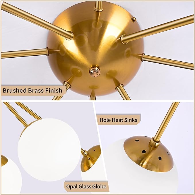 Bagood 8 Light Mid Century Modern Ceiling Light Semi Flush Mount Ceiling Light Fixture Globe Lights Sputnik Chandelier with Milk Glass Shade Brushed Brass Finish for Bedroom Hallway Living Room