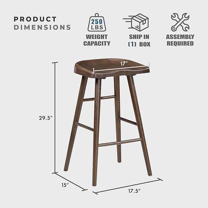 Lexicon Bar Height Stools Set of 2, Sturdy Acacia Wood Frame Saddle Seat Bar Chairs, Rustic Backless Kitchen Island Seating for Dining Room, Breakfast Nook, Brown