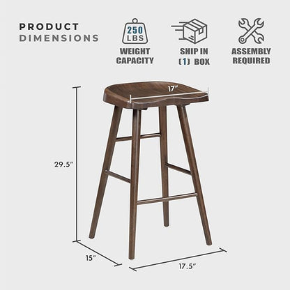 Lexicon Bar Height Stools Set of 2, Sturdy Acacia Wood Frame Saddle Seat Bar Chairs, Rustic Backless Kitchen Island Seating for Dining Room, Breakfast Nook, Brown