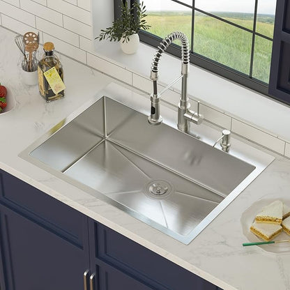 30 Inch Drop in Kitchen Sink 30x22 Drop in Kitchen Sink 16 Gague Topmount Stainless Steel Single Bowl Handmade Sinks Large Deep Basin 30"x22"x9"