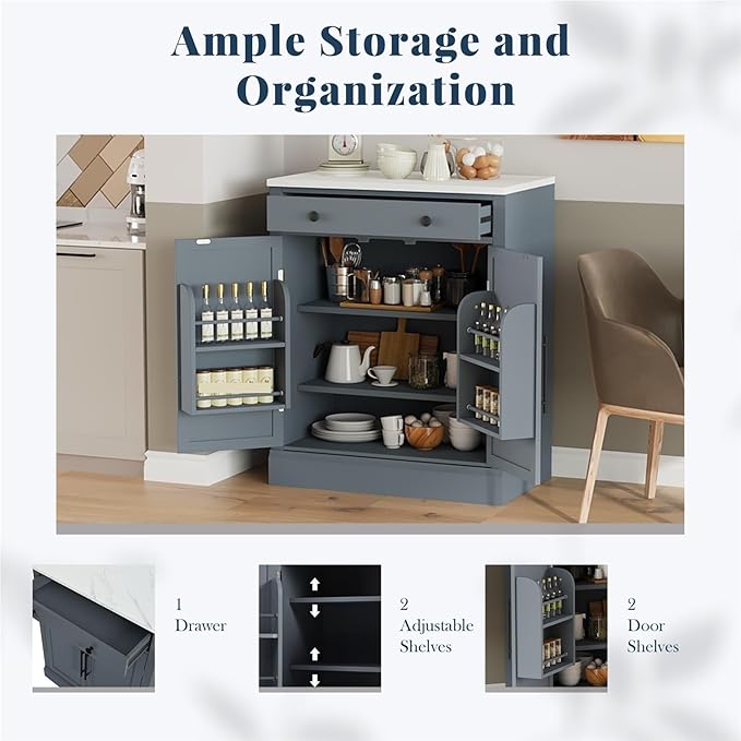 Modern Freestanding Kitchen Pantry Buffet Food Storage and Coffee Station Cabinet with Drawer 2 Adjustable Shelves and 2 Door Shelves Practical(Gray)