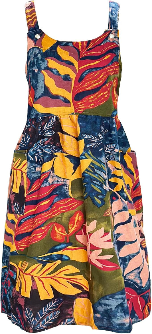 Cityelf Vintage Pinafore Apron Dress Snap Adjust Linen Cotton with Pockets Floral Aprons for Cooking Gardening