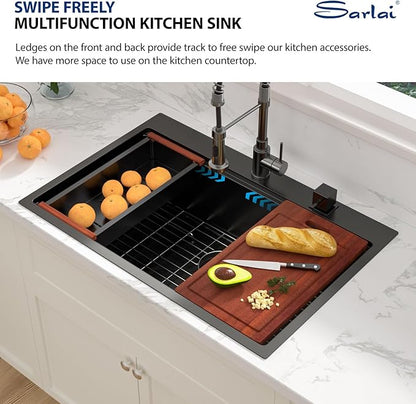 Sarlai 33 Matte Black Drop-In Kitchen Sink Workstation - 33x22 Inch Drop Kitchen Sink with Ledge NANO-Tech Black Topmount Round Corner 16 Gauge Stainless Steel Single Bowl Sinks Basin