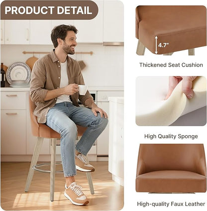 Counter Height Bar Stools Set of 2, Modern Swivel Barstools with Back and Wood Legs, Faux Leather Upholstered Bar Chairs, 26" Seat Height Counter Stools for Kitchen Island,Brown