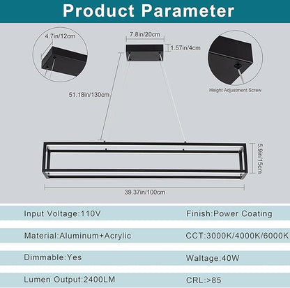 Modern LED Chandelier Linear Rectangle Chandelier Dimmable 39" Kitchen Island Lighting,Black Contemporary Hanging Linear Led Pendant Light Fixture for Kitchen, Dining Room