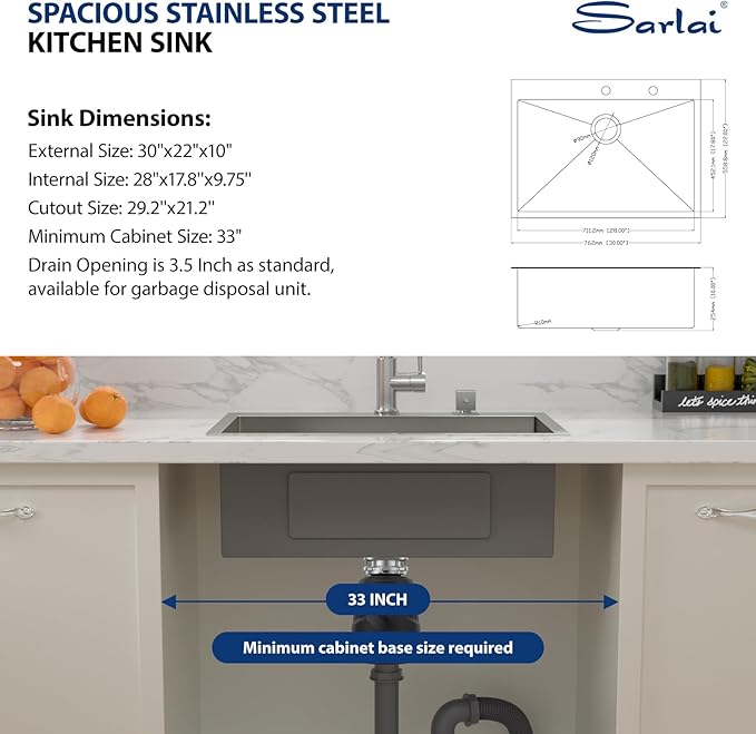 Sarlai 30 Kitchen Sink Drop In - 30 x 22 Inch Topmount Kitchen Sink Stainless Steel 16 Gauge Deep Single Bowl Over Counter Kitchen Sinks Basin