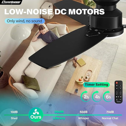 Conciseer Modern 42 Inch Ceiling Fans with Lights and Remote, Bedroom Living Room Office, Flush Mount, 18W 3CCT Dimmable, Dual Color 3 Blades 6 Speed Reversible Quiet DC Motor, Black/Wood Grain