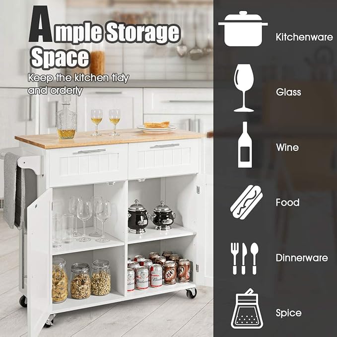 Giantex Kitchen Island Cart, Rolling Island Table with Rubber Wood Tabletop, 2 Drawers, Storage Cabinet & Towel Rack, Bar Kitchen Cart On Wheels for Dining Room (White)