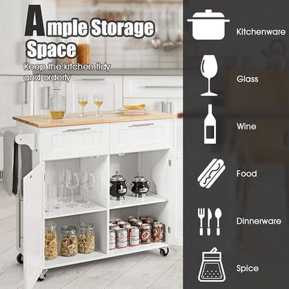 Giantex Kitchen Island Cart, Rolling Island Table with Rubber Wood Tabletop, 2 Drawers, Storage Cabinet & Towel Rack, Bar Kitchen Cart On Wheels for Dining Room (White)