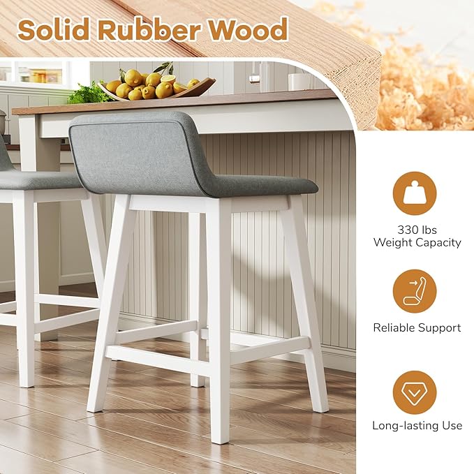 Giantex 24" Bar Stools Set of 2, Upholstered Counter Height Barstools with Low Back, Footrest, Armless Wood Bar Chairs for Kitchen Island, Dining Room, White & Gray