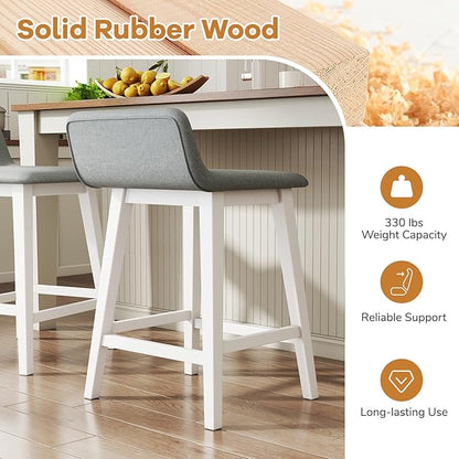Giantex 24" Bar Stools Set of 2, Upholstered Counter Height Barstools with Low Back, Footrest, Armless Wood Bar Chairs for Kitchen Island, Dining Room, White & Gray