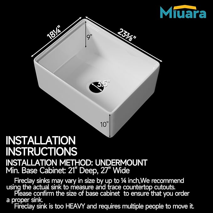 Miuara White Farmhouse Workstation Sink 24 Inch - Small Fireclay Apron Front Kitchen Sink Undermount 24"x18"x10", Farm House Style Heavy Duty Deep Single Bowl for Kitchen & Small Space