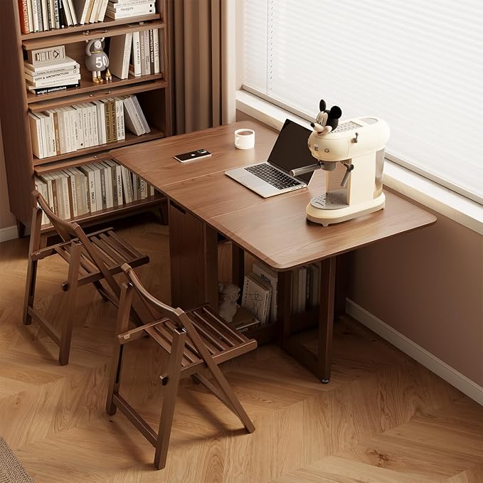 Solid Wood Folding Dining Table Extendable Dining Room Table 4 chairs, Wooden Dining Desk with Storage Wheel,Mid Century Modern Kitchen Table,Drop Leaf Table for Apartment,Living room,Walnut