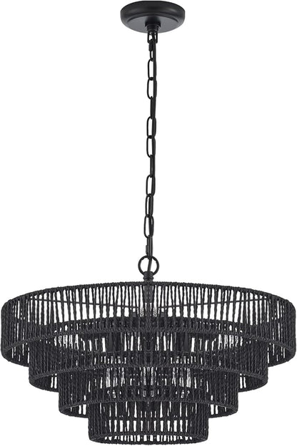 20” Hand-Woven Rattan Chandelier 6-Lights Transitional Minimalist 4 Round Boho Large Pendant Light for Kitchen Island Dining Room Living Room Hallway, Matte Black, UL Listed
